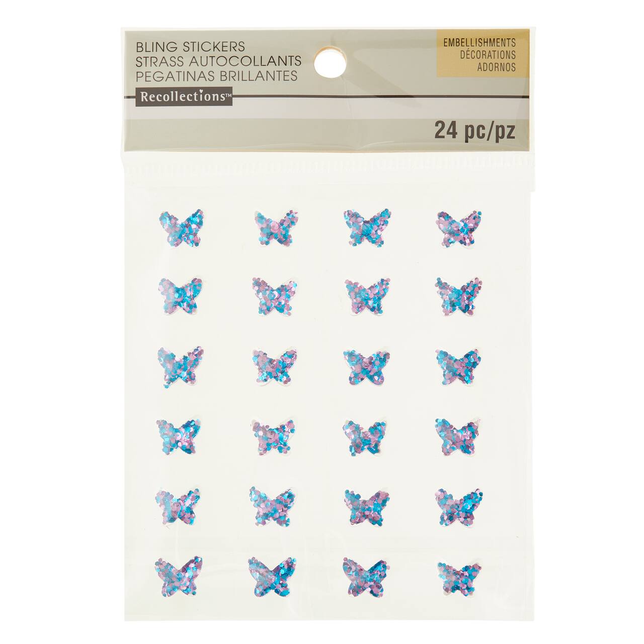 12 Packs: 24 ct. (288 total) Blue & Pink Iridescent Butterfly Bling Stickers by Recollections™